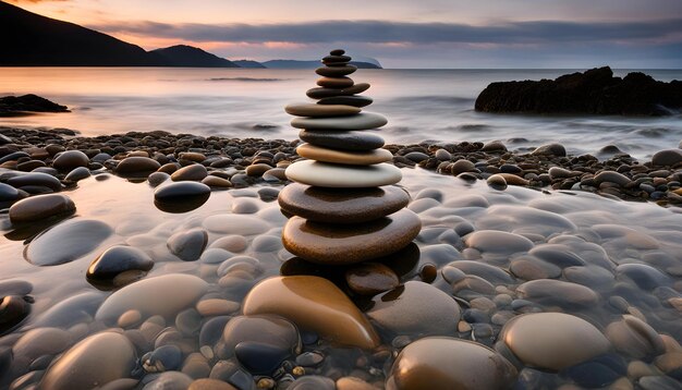 a pyramid of stones sits on a beach with a sunset in the background