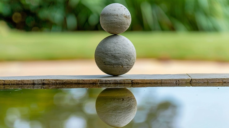 Photo a pyramid of stones sits on a stone surface with a reflection of the sky in the background