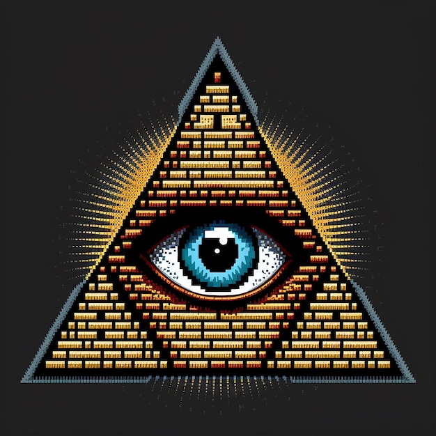 A pyramid with a blue eye and a yellow light on it.