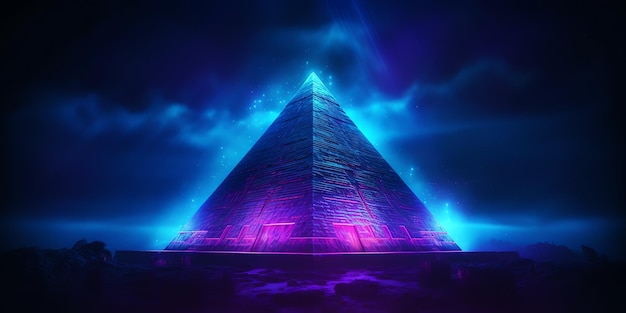 A pyramid with a blue and purple light on it