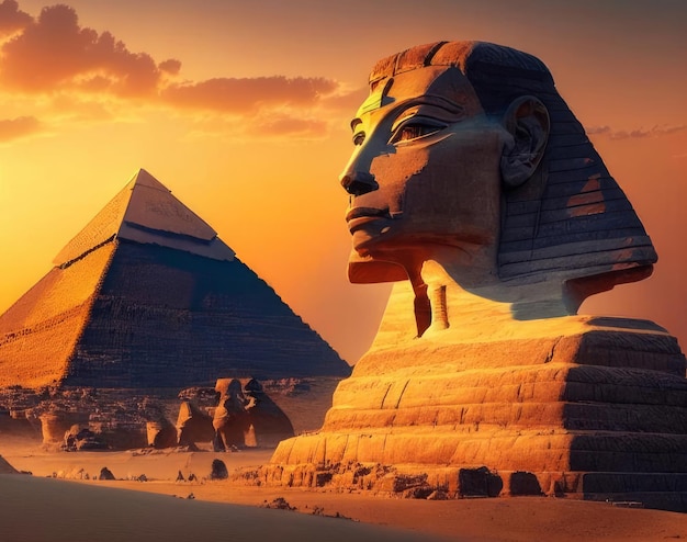 A pyramid with a large head of a sphinx in the foreground