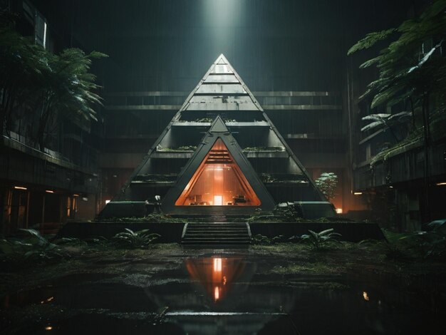 Foto una piramide con una luce su di essa e una luce sul fondo