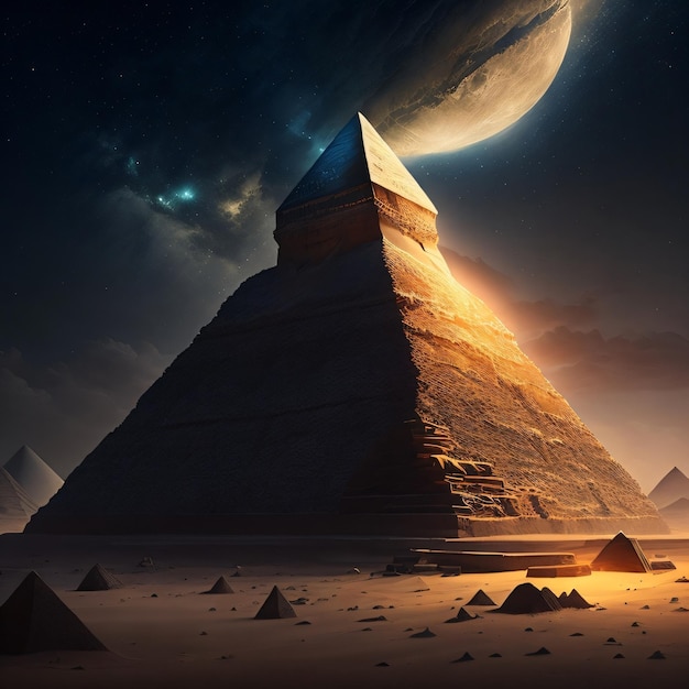 A pyramid with a moon and a planet in the background