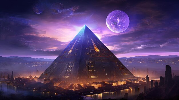 pyramid with a moon in the sky