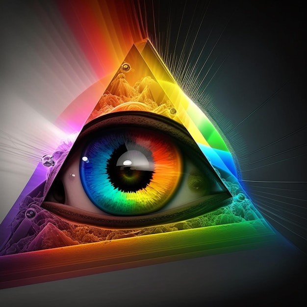 A pyramid with a rainbow colored eye and the word pyramid on it.