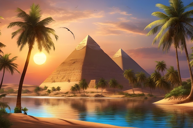 ココナッツの木と夕日が流れる川のある古代エジプトのピラミッド