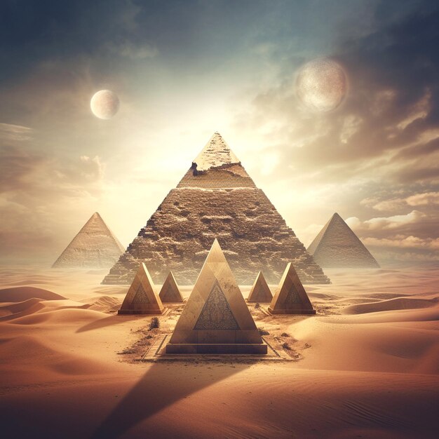 pyramids are shown standing in a desert