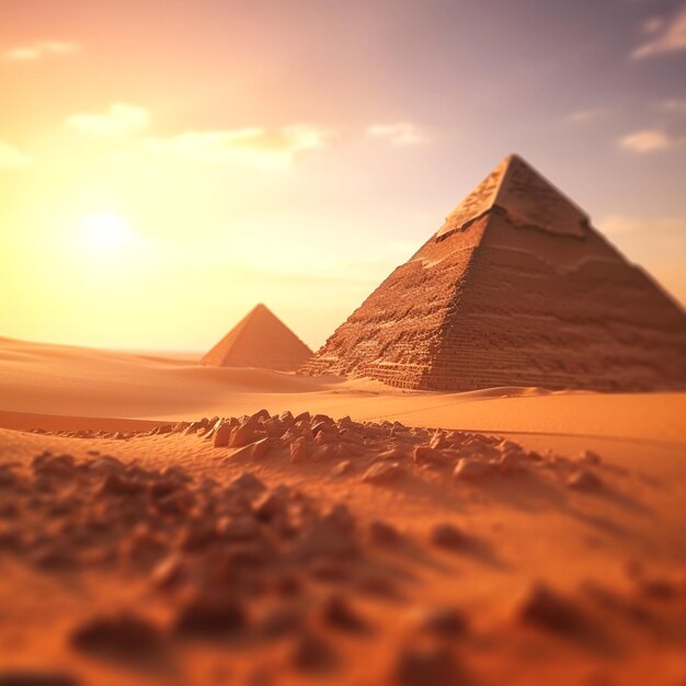 Pyramids are shown standing in a desert