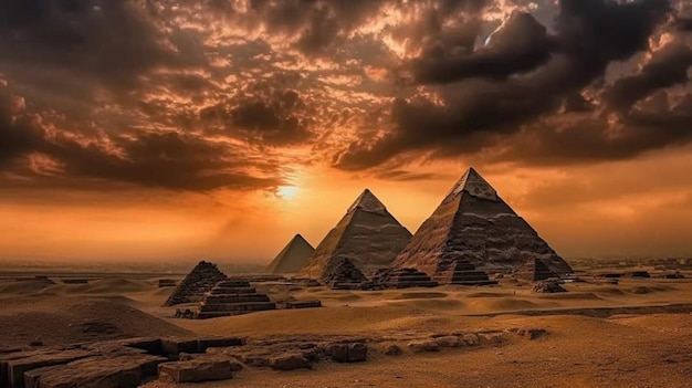 Pyramids in the desert at sunset with a cloudy sky