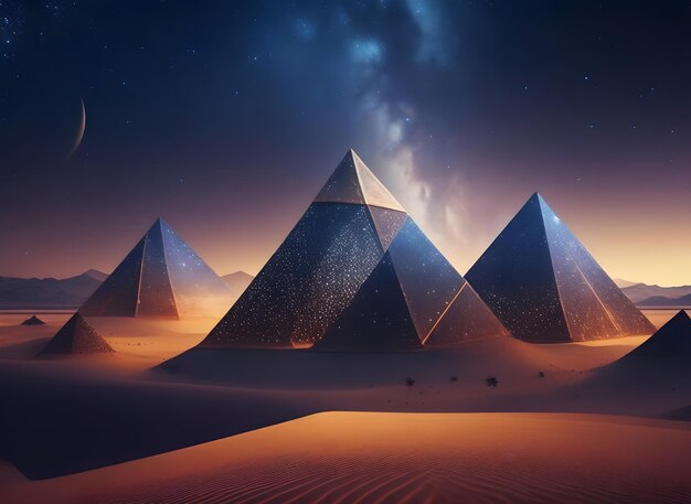 Photo pyramids in the desert with stars and clouds