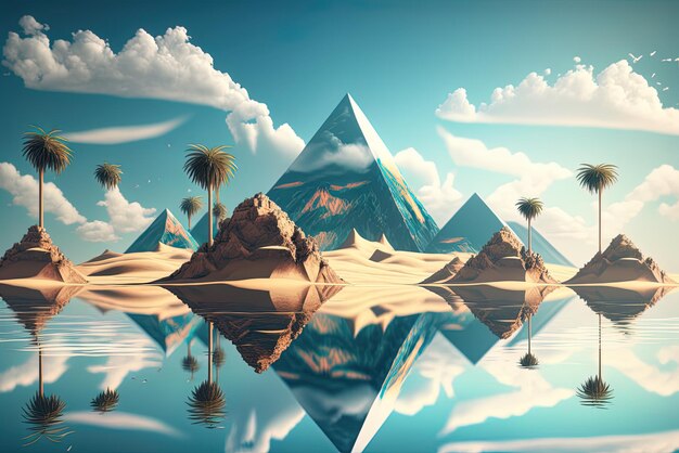 Pyramids of Egypt stand out against a backdrop of abstract futuristic seascape imagination