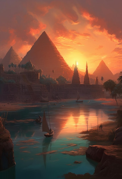 Пирамиды Гизы отражаются в воде.