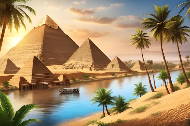 Фото Пирамиды в древнем египте с кокосовыми пальмами и рекой с закатом