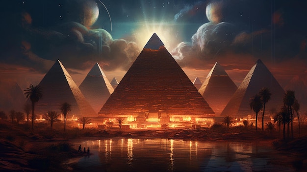 Pyramids in the sky with a moon and stars