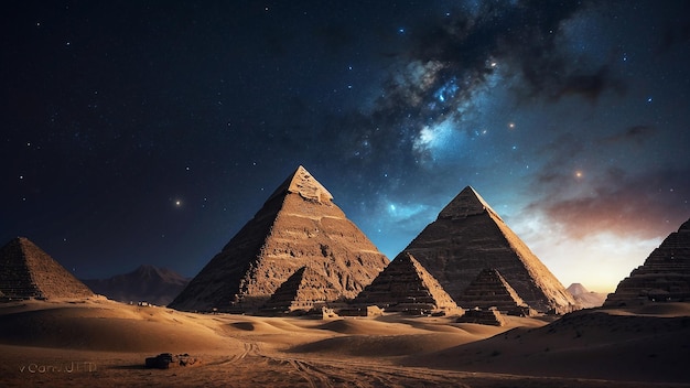 the pyramids and a splendid starry night sky with the cosmic universe