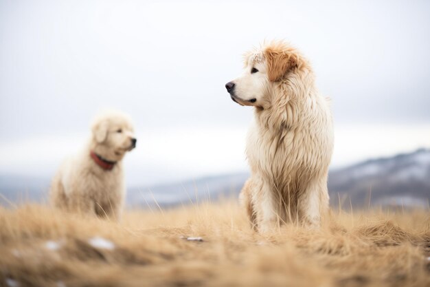 Photo pyrenean mountain dog overlooking a snowy pasture