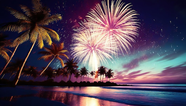 pyrotechnics and fireworks in beach background