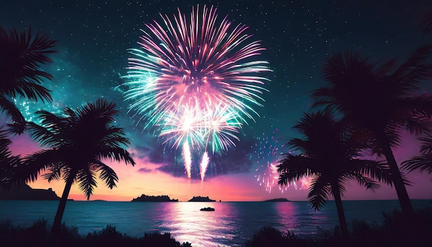 pyrotechnics and fireworks in beach background