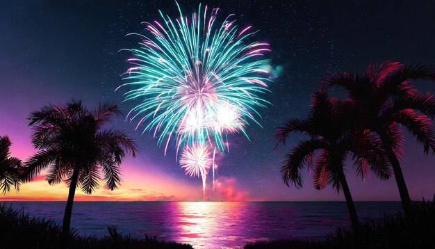 Photo pyrotechnics and fireworks in beach background