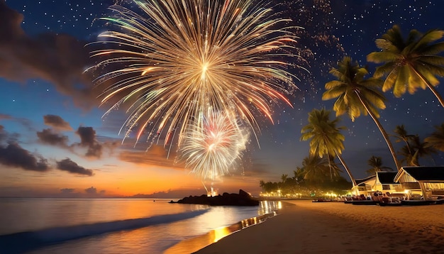 pyrotechnics and fireworks in beach background