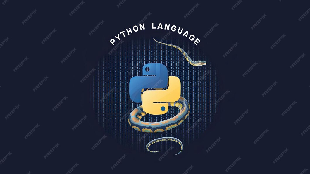 Python language logo with snake wrapped around it on a blue background ...