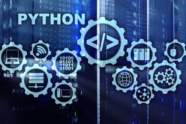 Python programmeertaal op serverruimte achtergrond Programmering workflow abstract algoritme concept op virtueel scherm