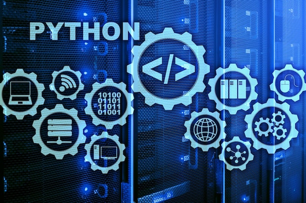 Python programmeertaal op serverruimte achtergrond Programmering workflow abstract algoritme concept op virtueel scherm