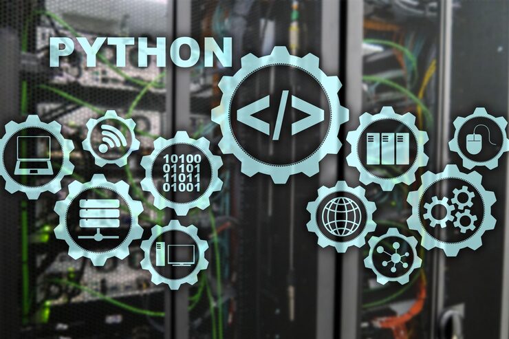 Photo python programming language on server room background programing workflow abstract algorithm concept on virtual screen