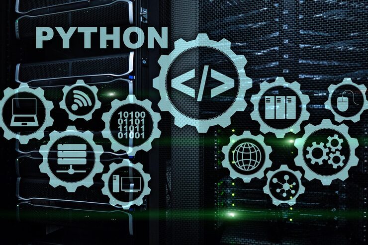 Photo 伺服器室背景上的python編程語言 虛擬屏幕上的編程工作流程抽象算法概念