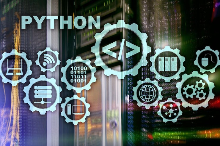 Photo 伺服器室背景上的python編程語言 虛擬屏幕上的編程工作流程抽象算法概念