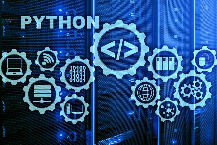 Photo python programming language on server room background programing workflow abstract algorithm concept on virtual screen