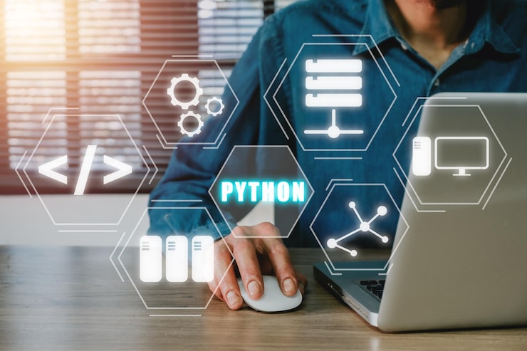 Photo python programming languageman using laptop computer with python programming icon on virtual screen application and web development concept