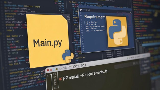 Рабочее пространство для программирования Python с основным скриптом, выделенным на экране компьютера