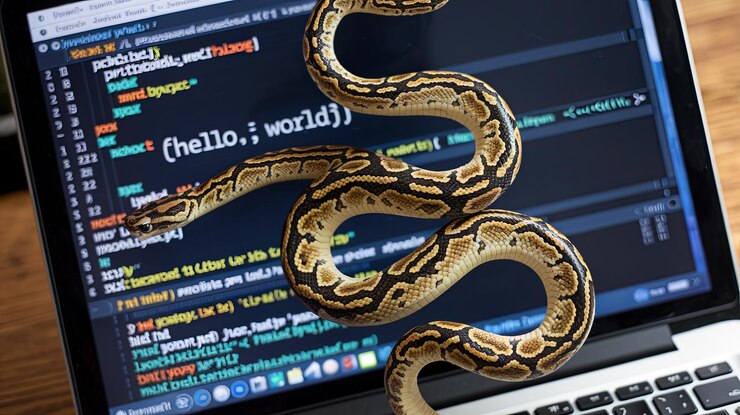 Photo python snake on a laptop with code showing hello world