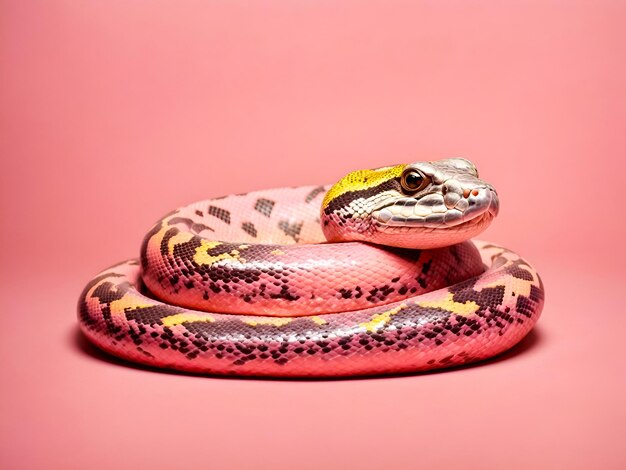 A python with a polkadot pattern in pastel shades coiled against a soft pink backdrop