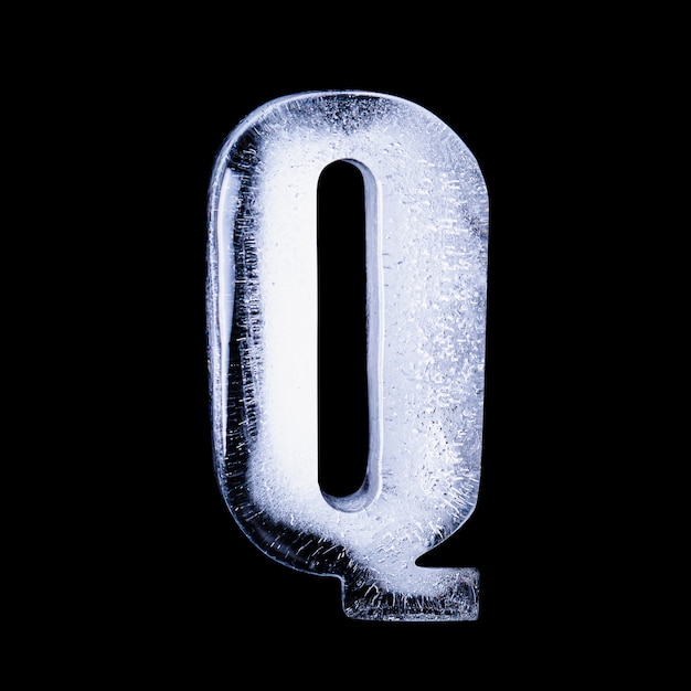 Q Frozen water in the shape of the alphabet isolated on black background