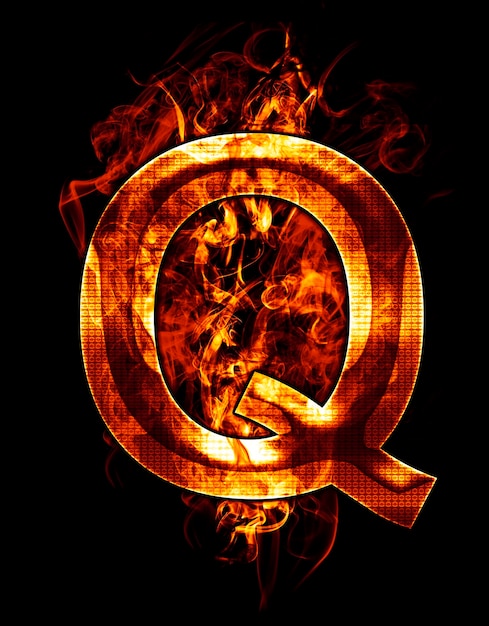 q, illustration of  letter with chrome effects and red fire on black background