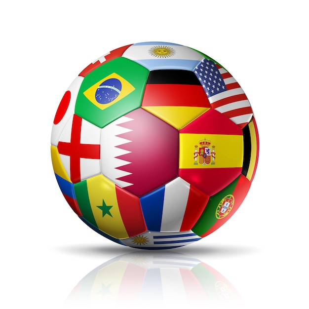 Qatar 2022 Football soccer ball with team national flags 3D illustration isolated on white background