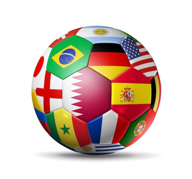 Катар 2022 Футбольный мяч с национальными флагами команды 3D иллюстрация на белом фоне