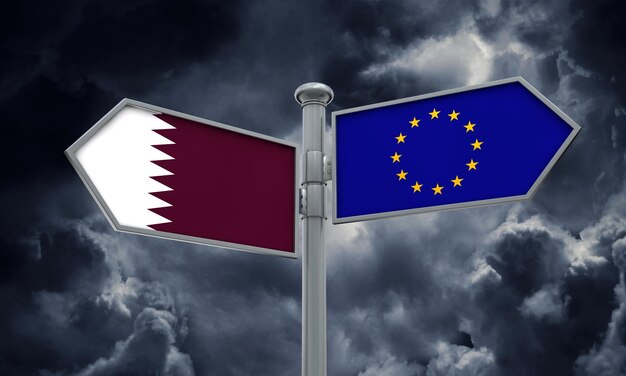 Qatar and european union guidepost moving in different\
directions 3d rendering