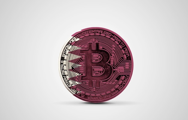 Qatar flag on a bitcoin cryptocurrency coin d rendering