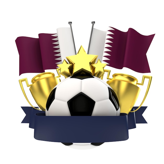 Qatar flag football winners emblem with trophy stars ball and ribbon 3D Rendering