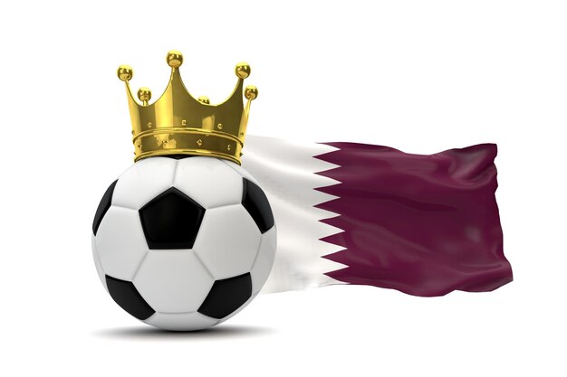 Qatar flag and soccer ball with gold crown 3D Rendering