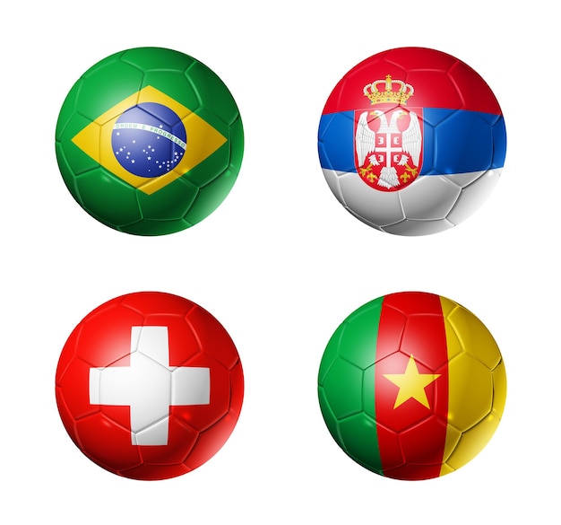 Qatar football 2022 group G flags on soccer balls 3D illustration isolated on white background