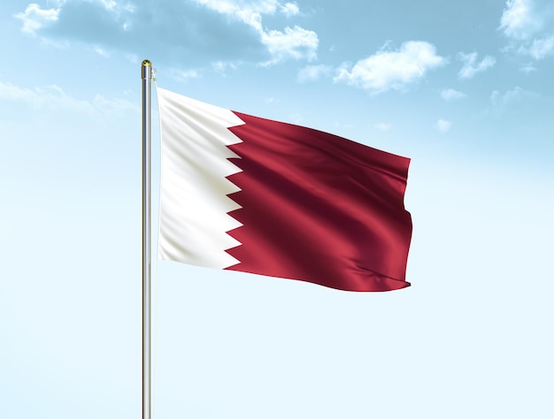 Foto qatar nationale vlag zwaaien in blauwe lucht met wolken qatar vlag 3d illustratie