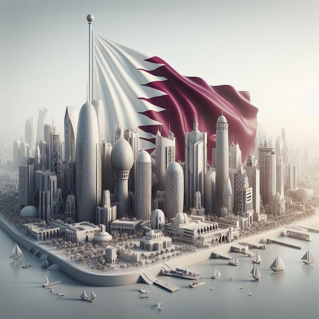 Qatar skyline met een vlag en boten in het water