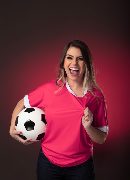 Qatar woman soccer fan cheering for her favorite club and team world cup purple background