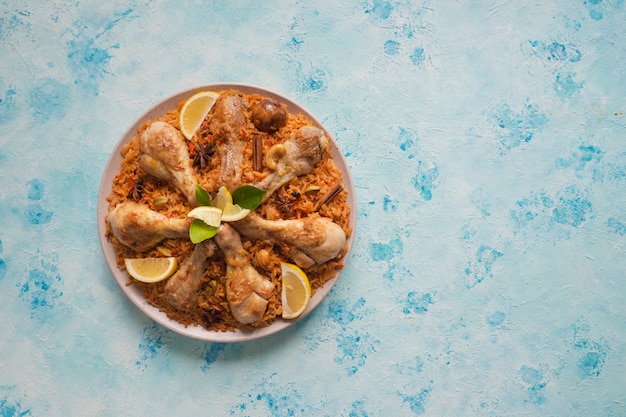 카타르 치킨 Majboos-바레인과 카타르의 국가 요리. 아랍어 요리.