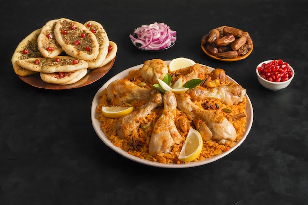 Majboos di pollo del qatar - piatto nazionale del bahrain e del qatar. cucina araba.