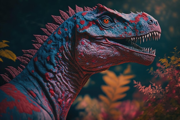 Qianzhousaurus kleurrijke gevaarlijke dinosaurus in weelderige prehistorische natuur door Generative AI